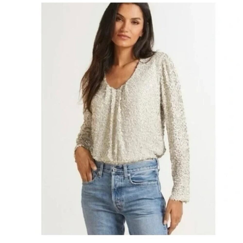 Allison Joy Evereve Nina Matte Sequined Blouse Top New Large Sparkle Neutral